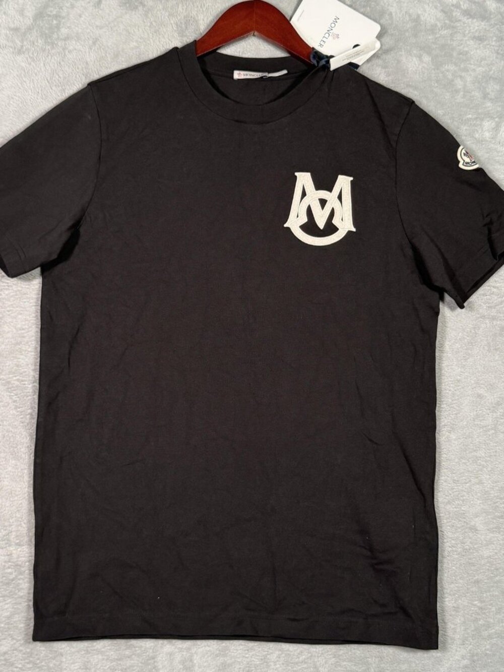 Moncler Shirt Mens Small Black Logo Patch Organic Cotton Crewneck Tee